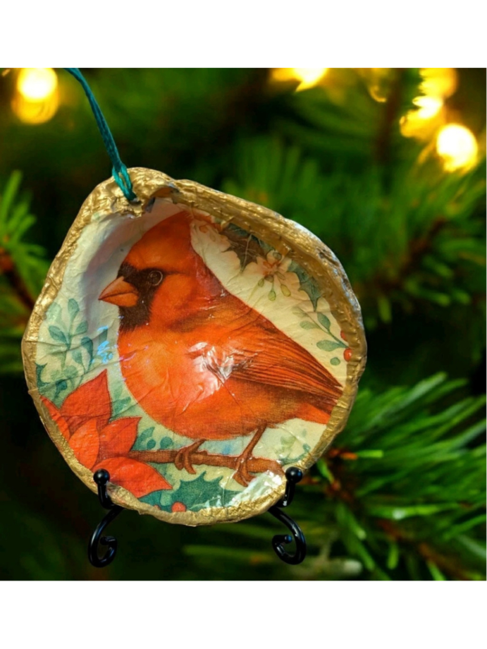 Oyster Shell Cardinal Christmas Tree Ornament Hand Made Craft Decoupage